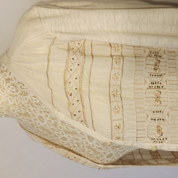 Style & Co Top Button Down Cream Beaded Long Roll Tab Sleeve Embroidered SZ M - Picture 4 of 12